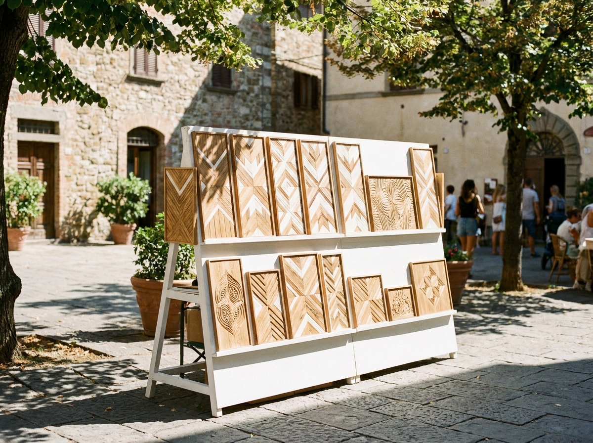 Banco di fiera all'aperto con quadri in legno esposti