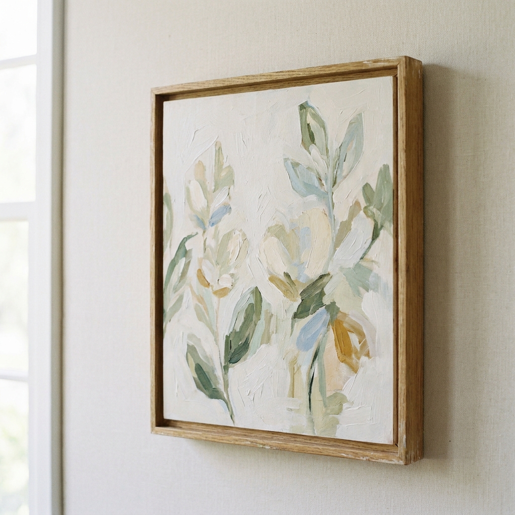 Quadro dipinto su pannello in legno con motivi botanici delicati